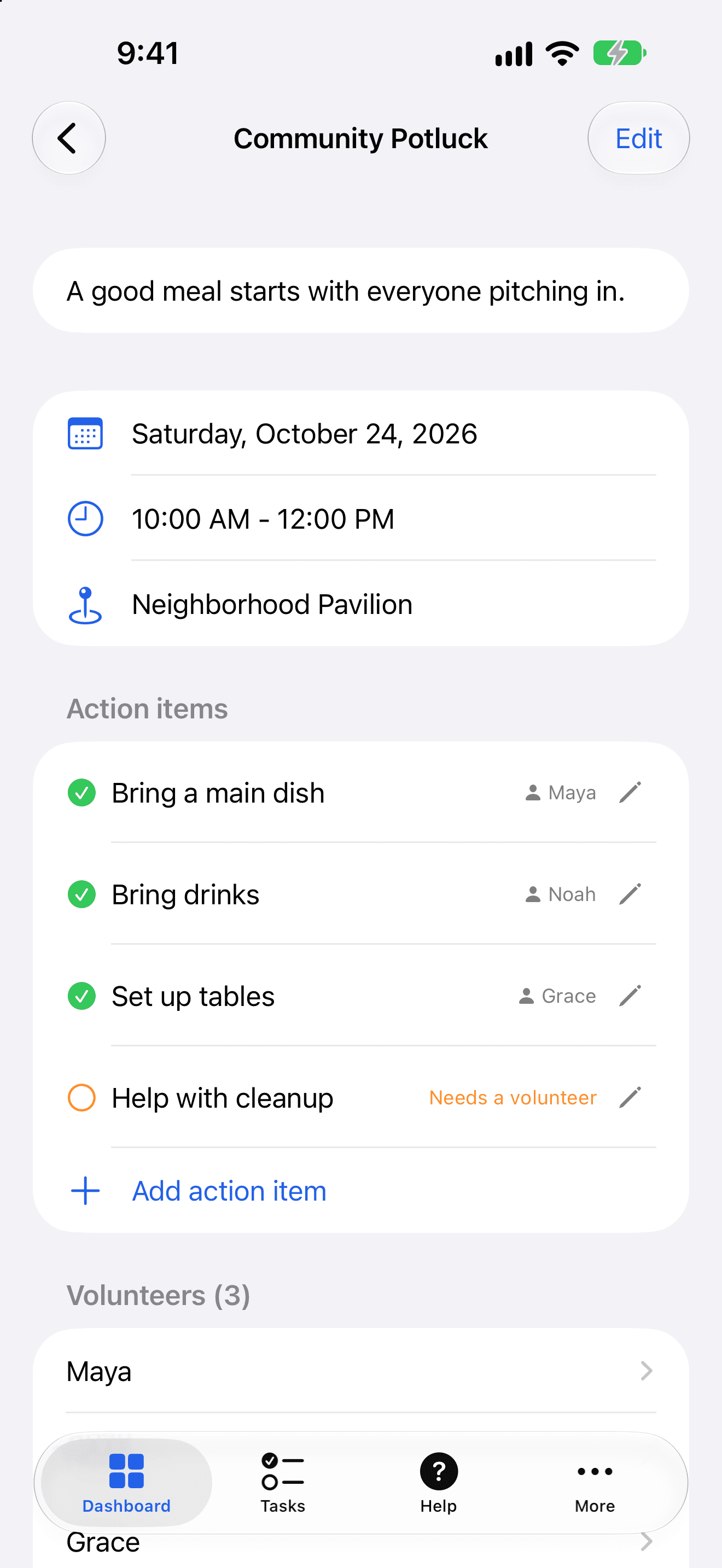 Many Hands showing a community potluck and volunteer assignments 路 iPhone